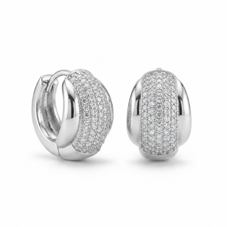 Argola Clic Cravejada Banhada a Ródio Branco