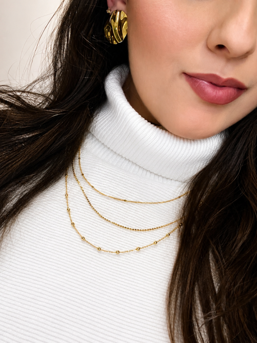 Colar Inverno em Esferas Alongado 60cm Banhado a Ouro 18k