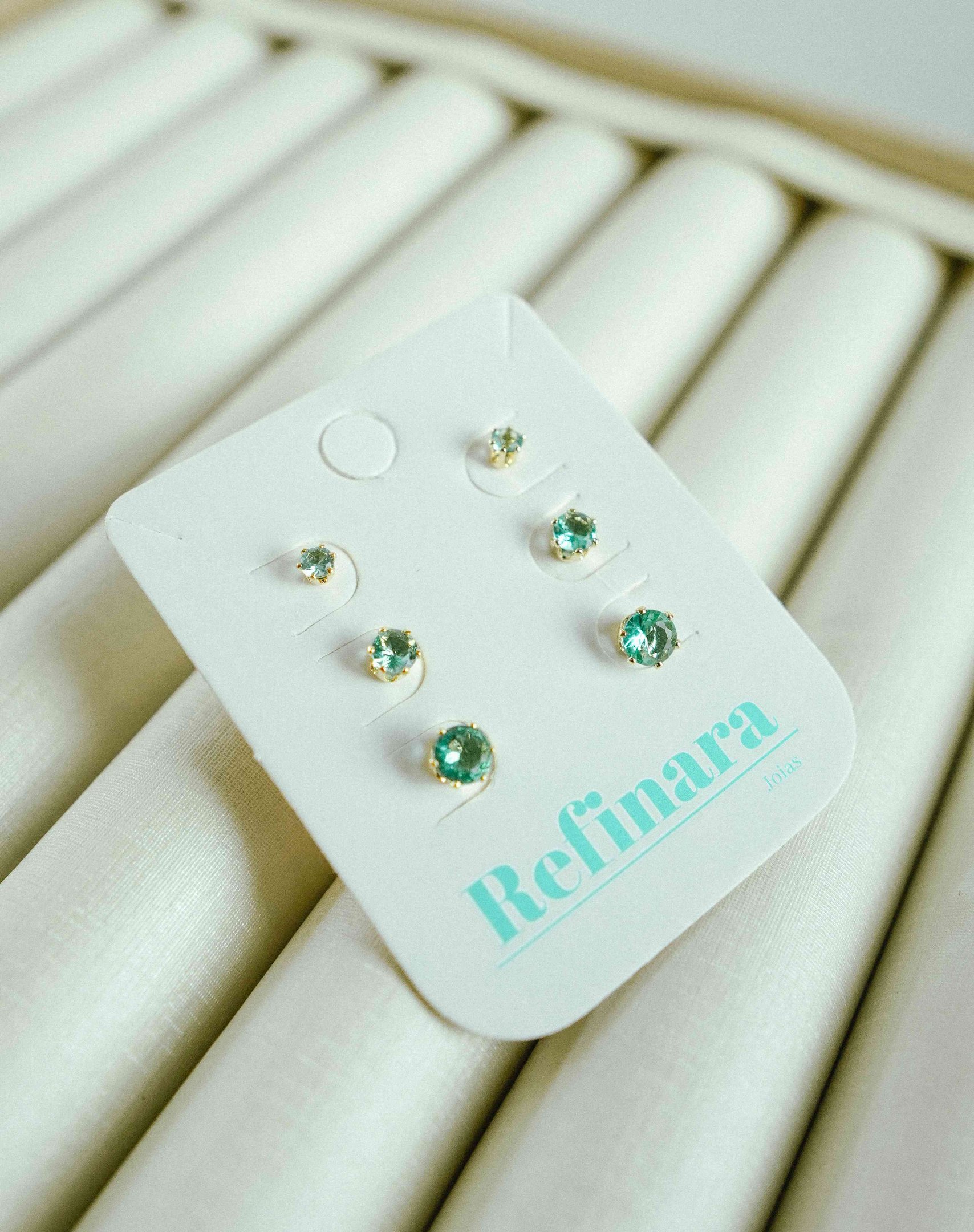 Trio de Brincos Ponto de Luz Turmalina Banhado a Ouro 18k