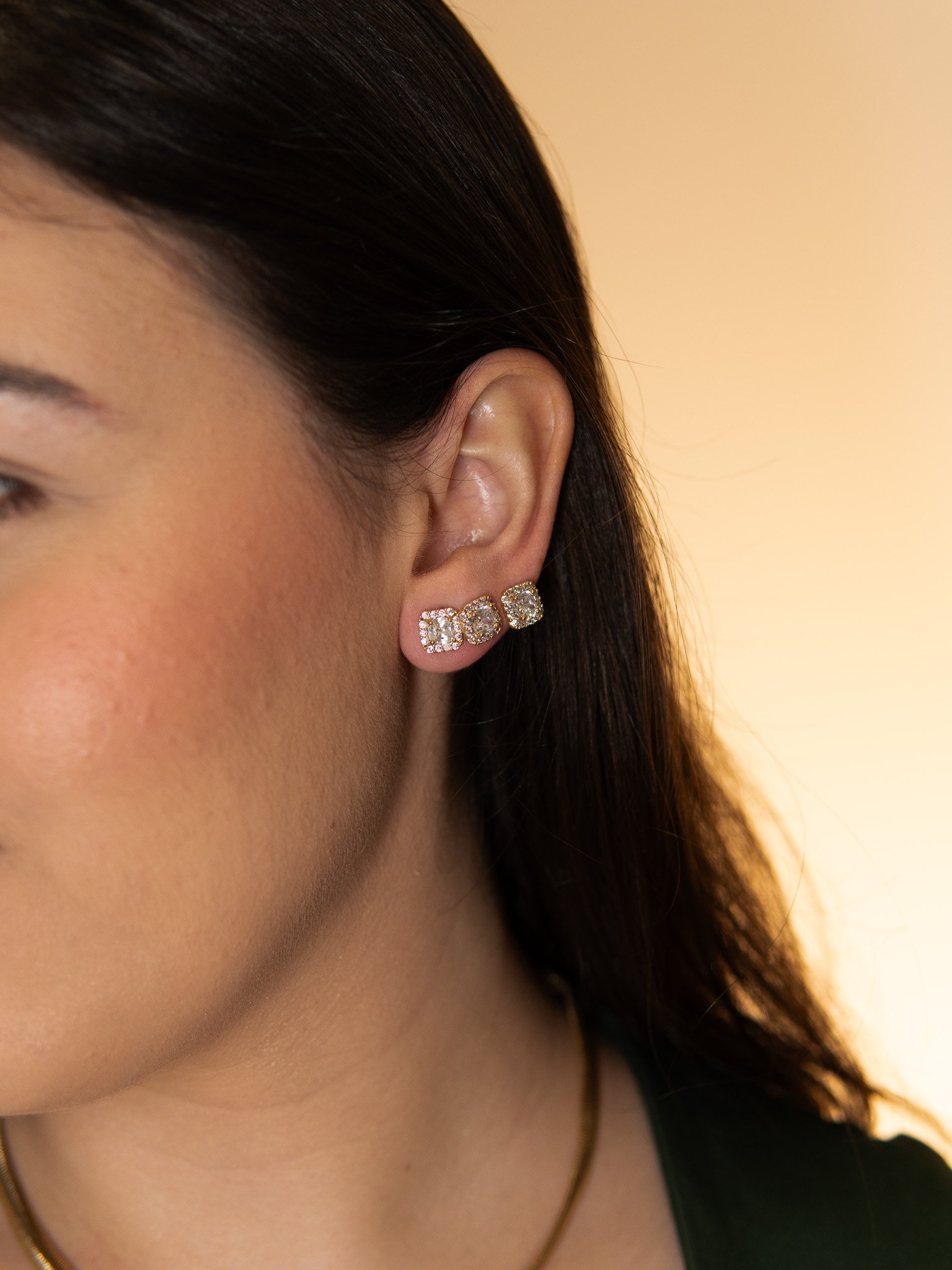 Trio de Brincos Quadrados Cravejados Banhado a Ouro 18k