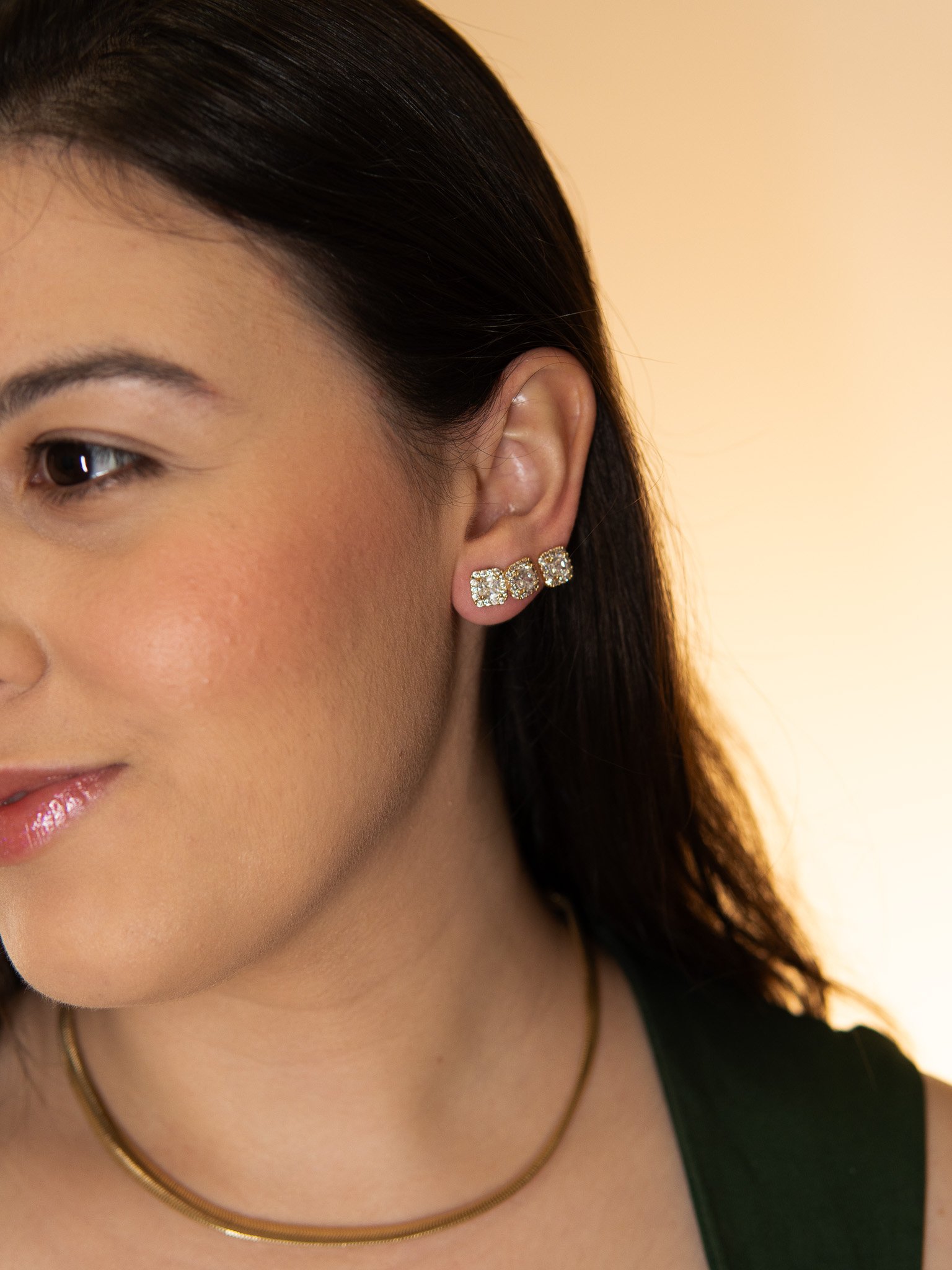 Trio de Brincos Quadrados Cravejados Banhado a Ouro 18k